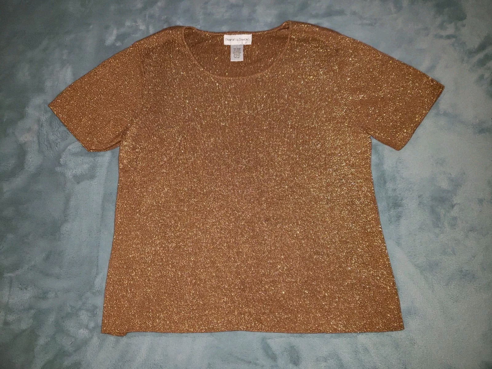 Draper’s and Damon’s Brown Large Shiny Gold Metallic short sleeve shirt blouse