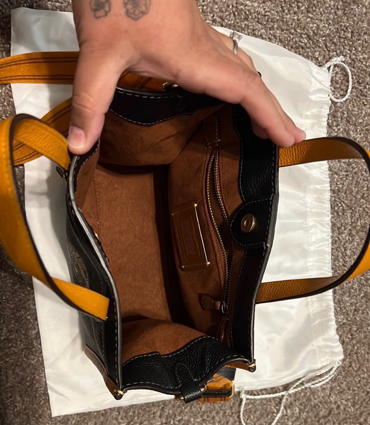Coach Small Tote Bag Brown/Black/Orange w Detachable Strap Dust Bag Snap