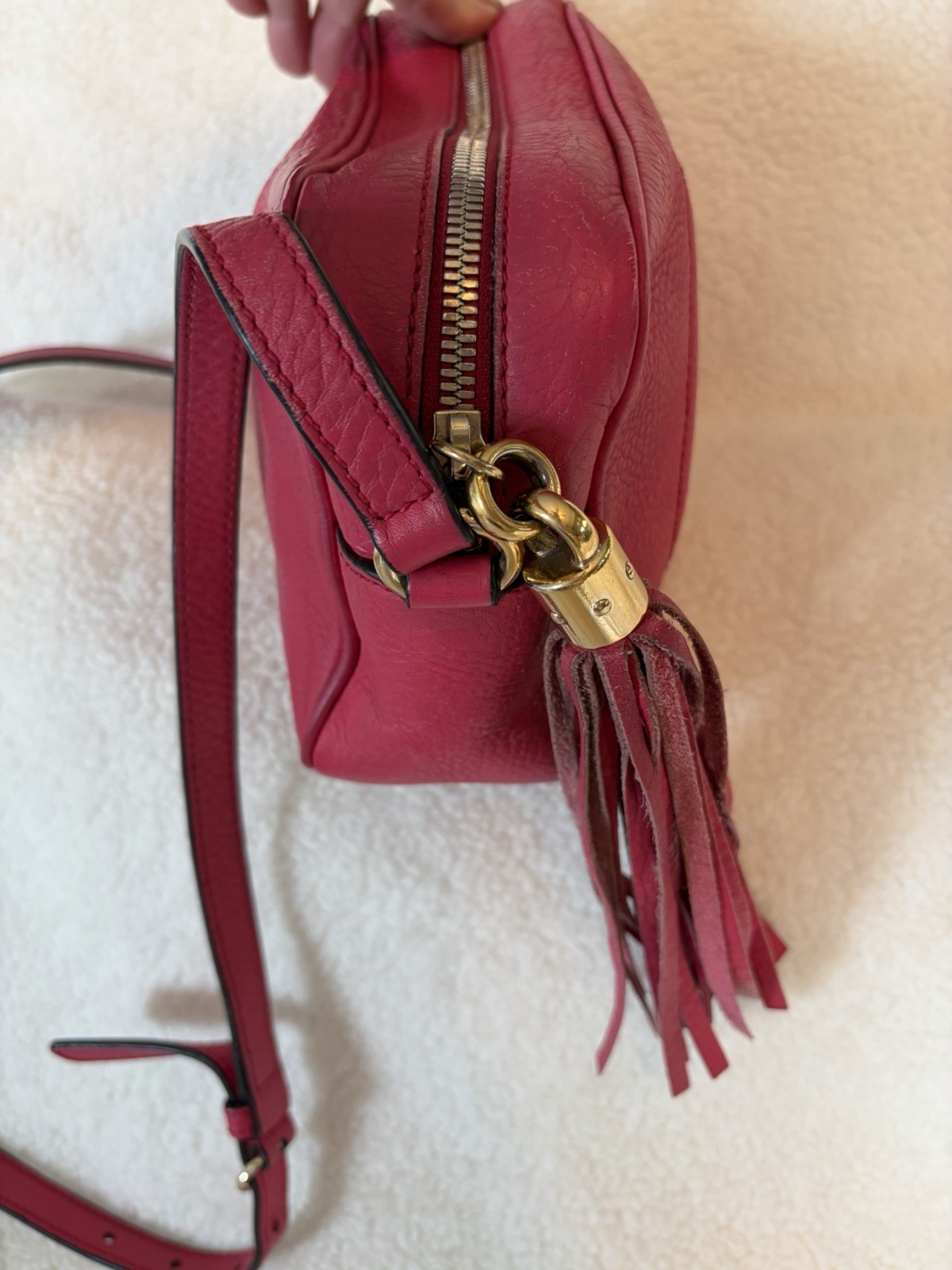 Gucci Soho Disco Pink Pebbled Crossbody Camera Bag Logo Tassel Zip Dust Bag COA