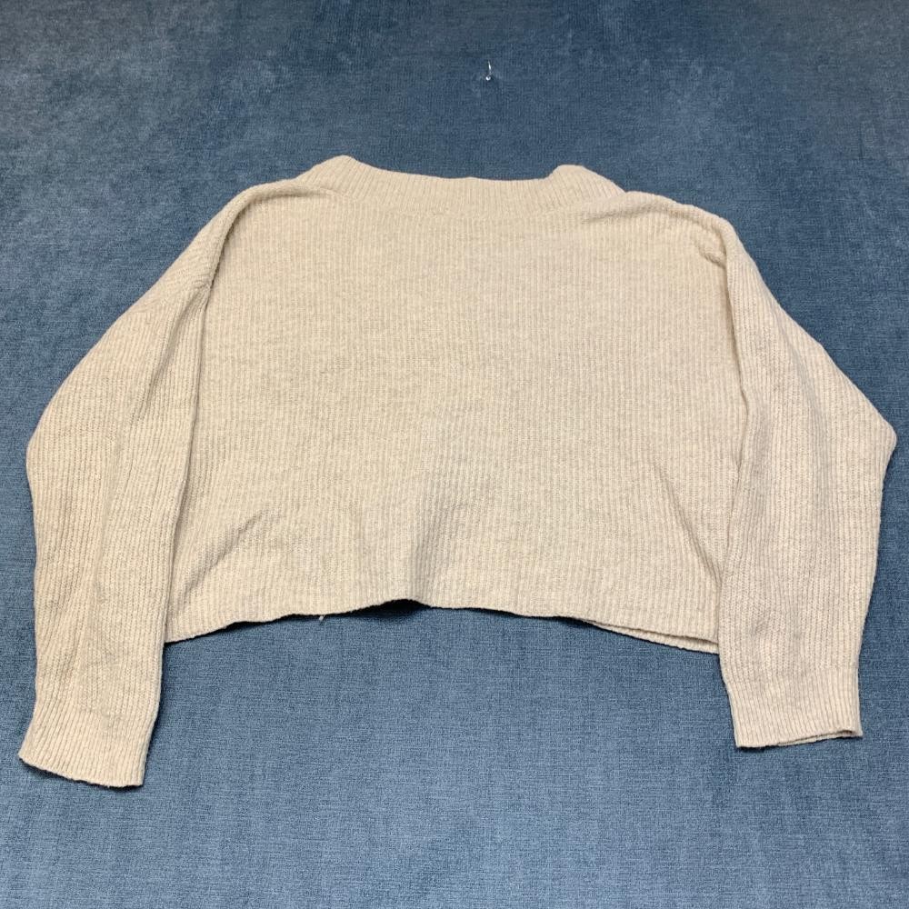 Open Edit Cropped Sweater Womens Large Beige Tight Knit Cotton V Neck Streetwear