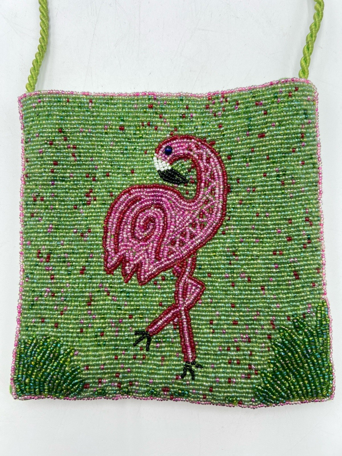 Bamboo Trading Flamingo Beaded Cross Body Handbag Purse Corded Strap Pink Green