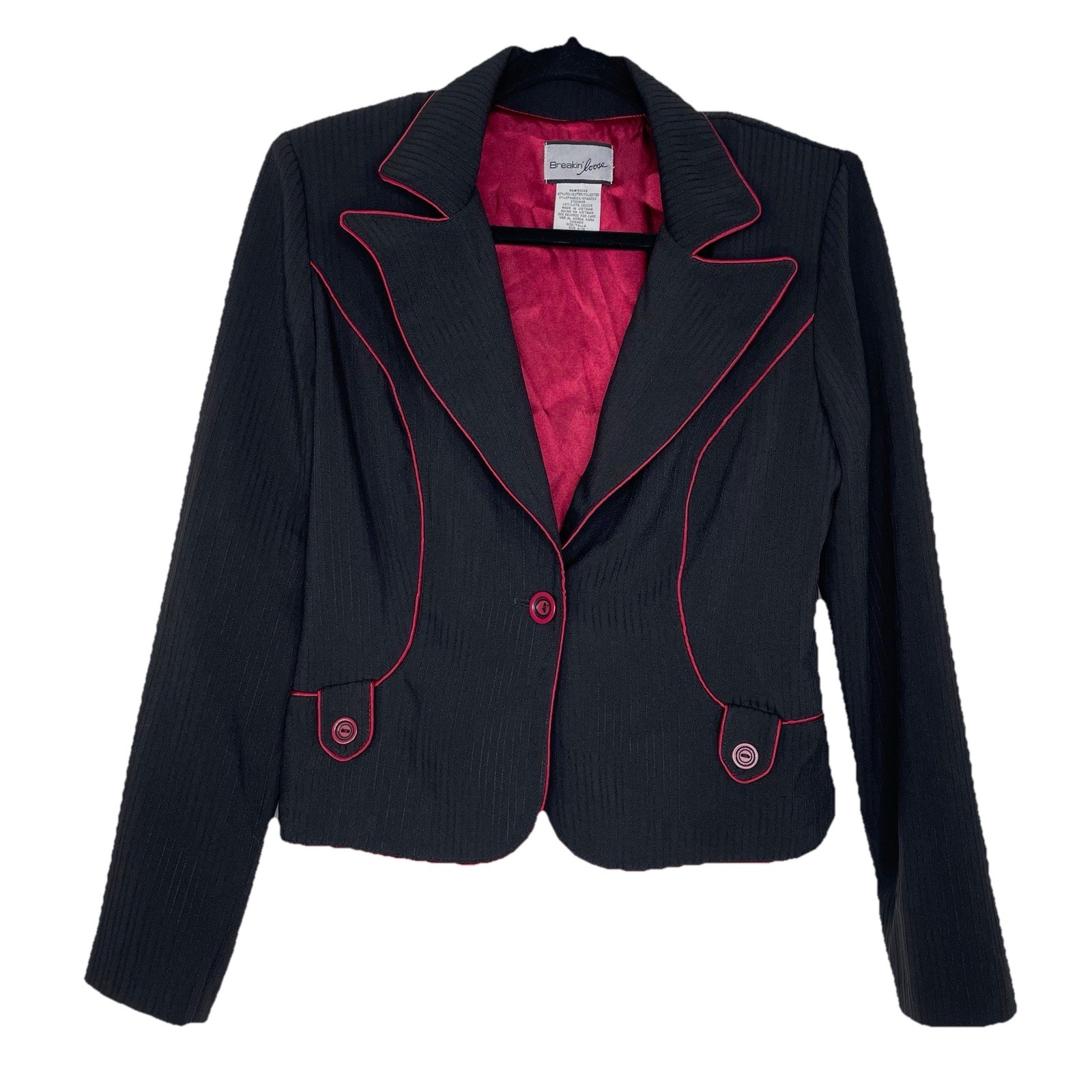 Y2K Breakin’ Loose Blazer Jacket Womens Size 9/10 Black Red Trim Vamp Goth Vtg