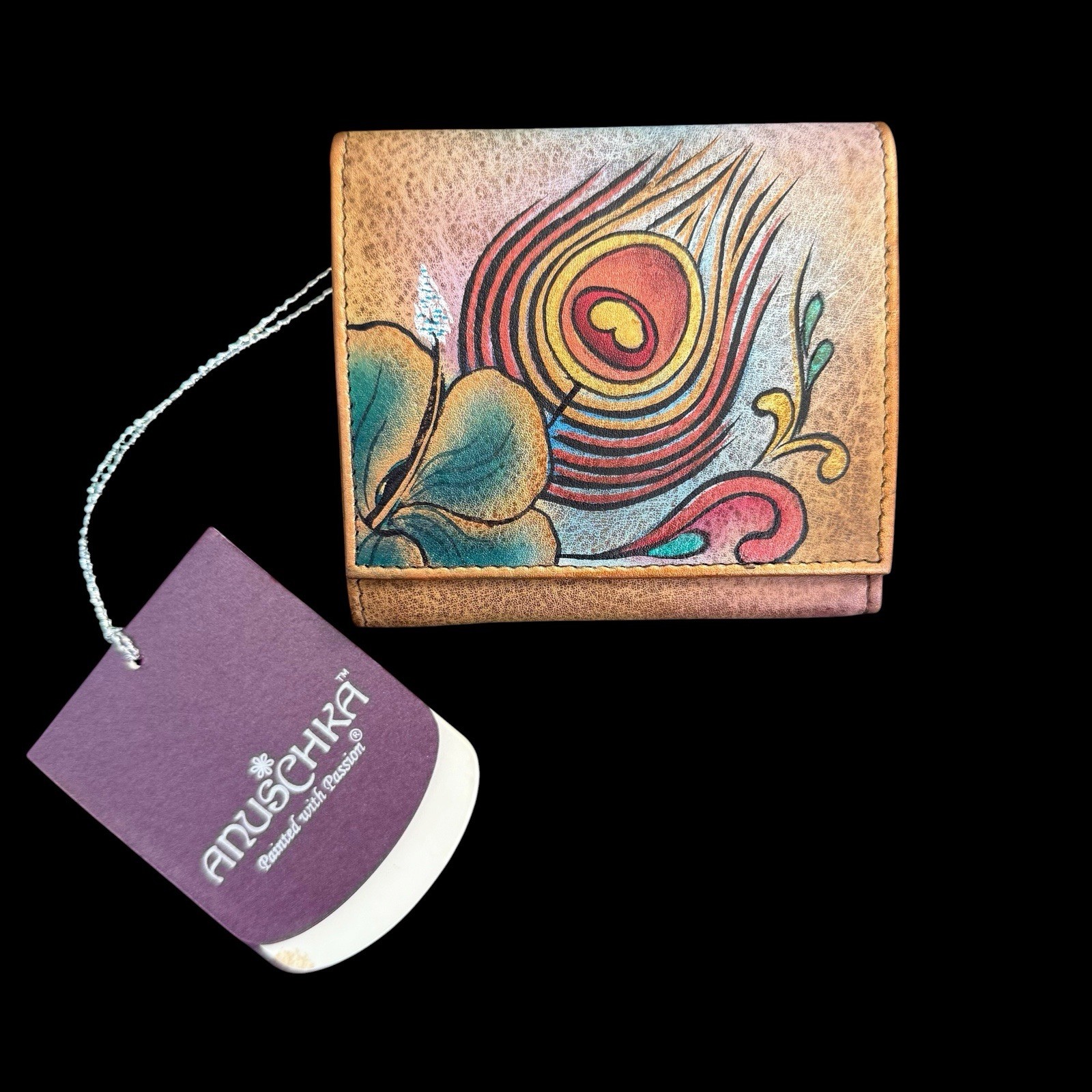 Anuschka Leather Tri-Fold Wallet Hand Painted Southwestern Tribal Colorful