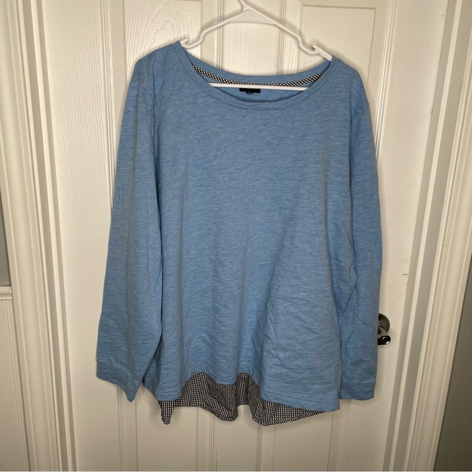 Talbots Woven Back Pullover Gingham Sweater 100% Cotton Crew Neck in Blue 2X