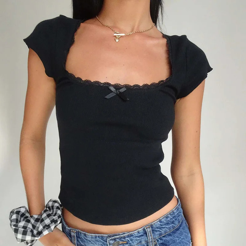 Vintage Lace Trim Baby Tee Square Neck Crop Top Cottage Style Women