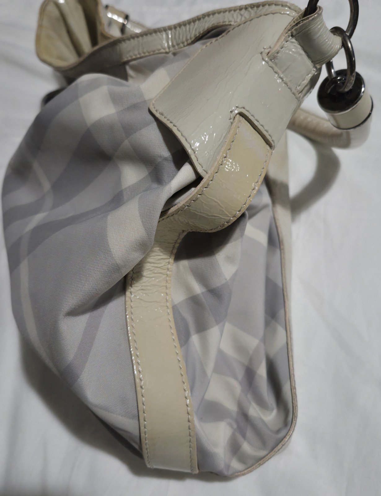 Burberry Checked Gray Nylon & Trimmed Smoke Patent Leather Shoulder Hobo Bag