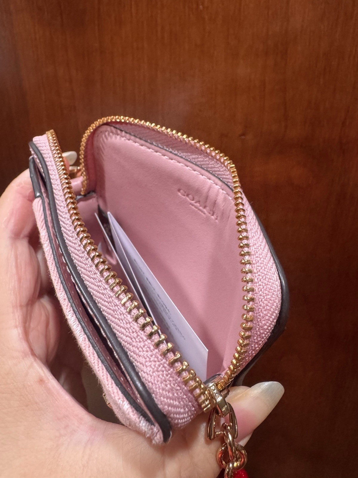 Coach Zip Card Case In Signature Denim With Charm/Gold/Light Pink CFA35 NWT