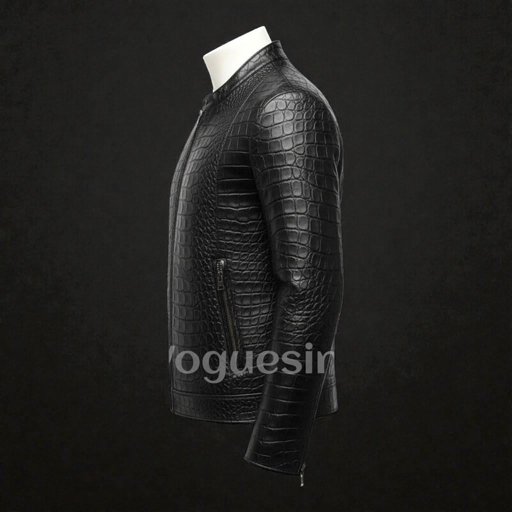 Men’s Black Leather Jacket Crocodile Embossed Pattern Alligator Leather Jacket