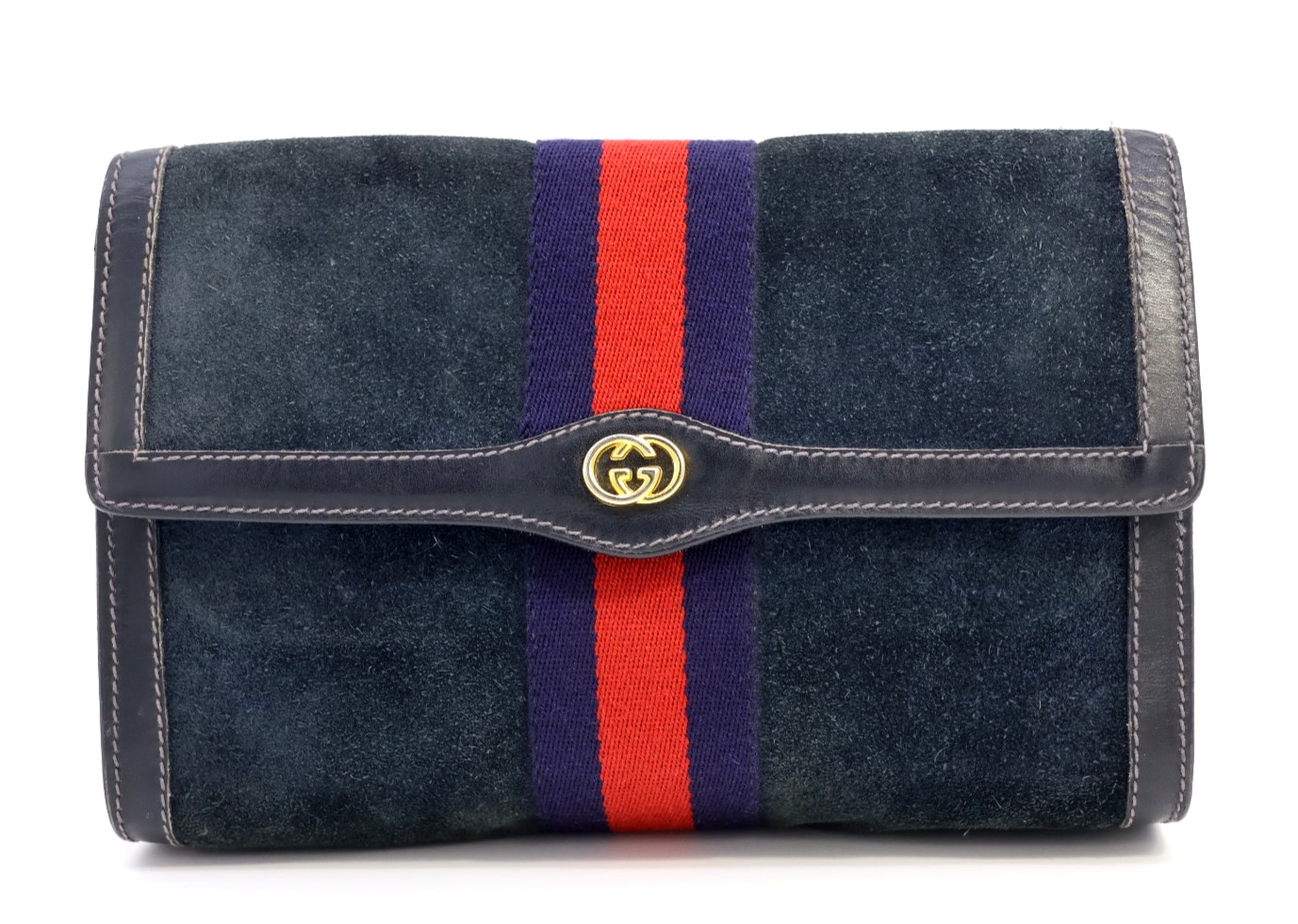 GUCCI VINTAGE Web Stripe Shoulder Bag Suede Leather Navy Classic Authentic