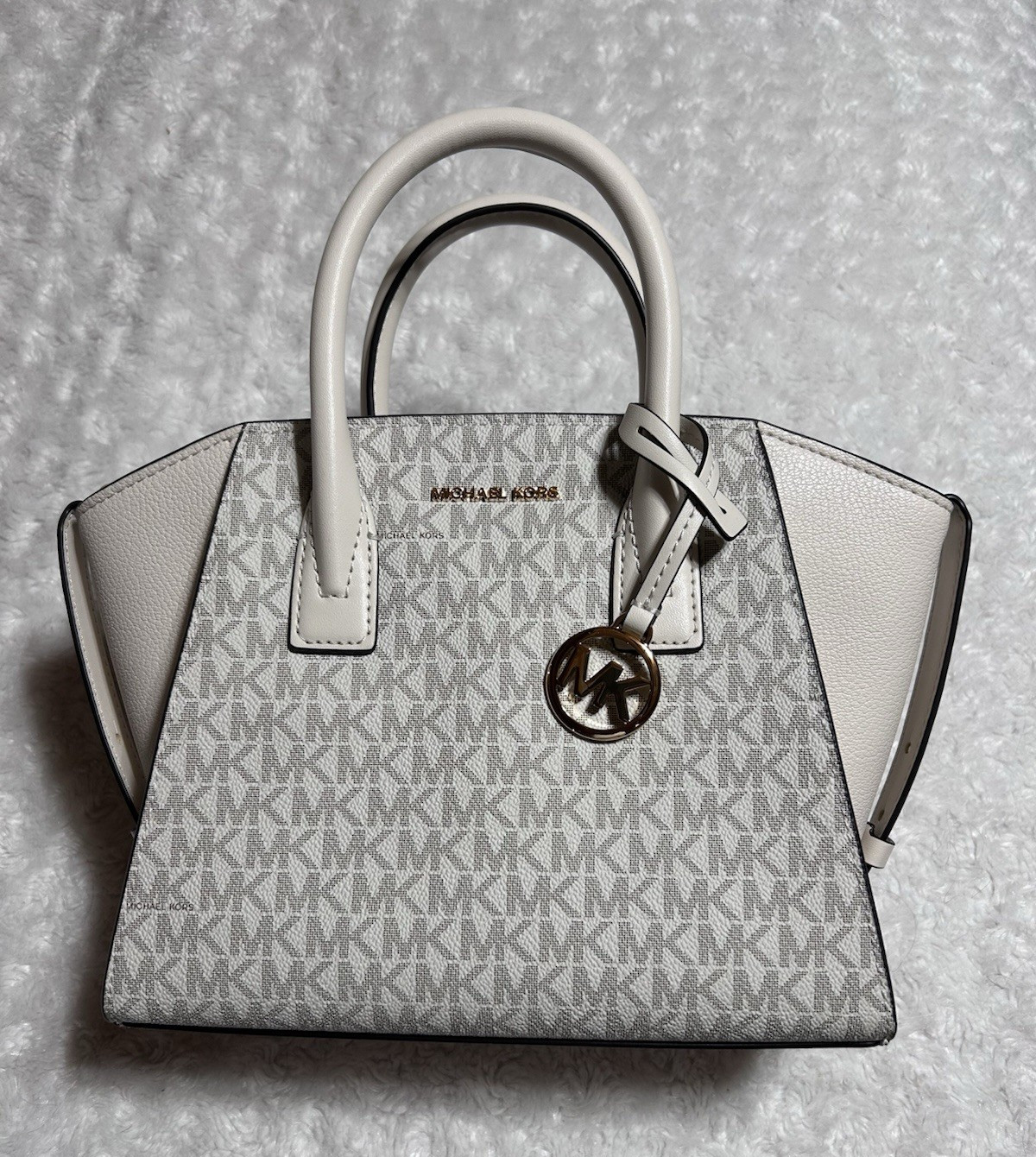 Michael Kors Avril Small Top Zip Satchel Cream/Gray Monogram Logo Strap Charm