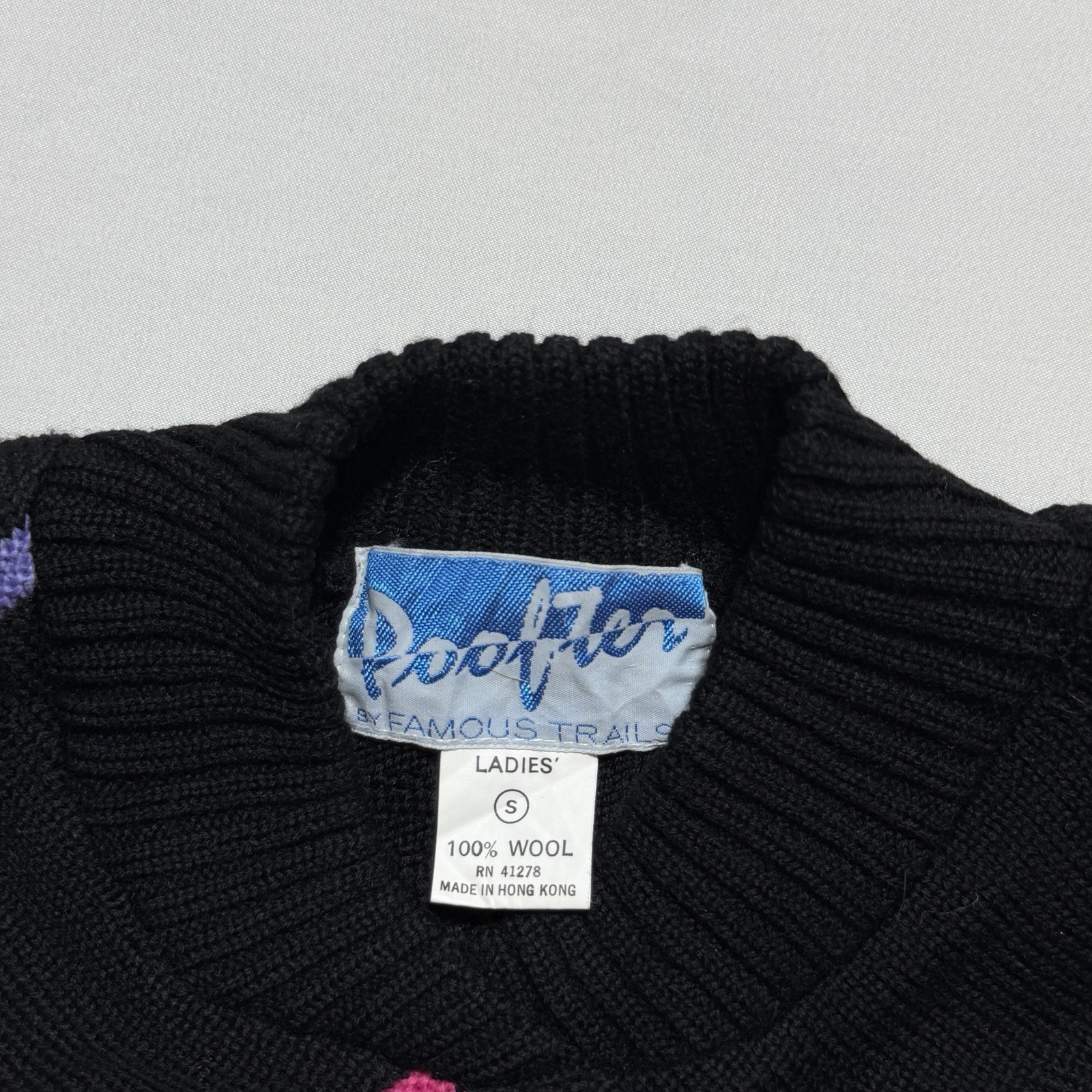 Vintage 80s Diagonal Stripe 100% Wool Crewneck Sweater Black Neon Pink Blue S