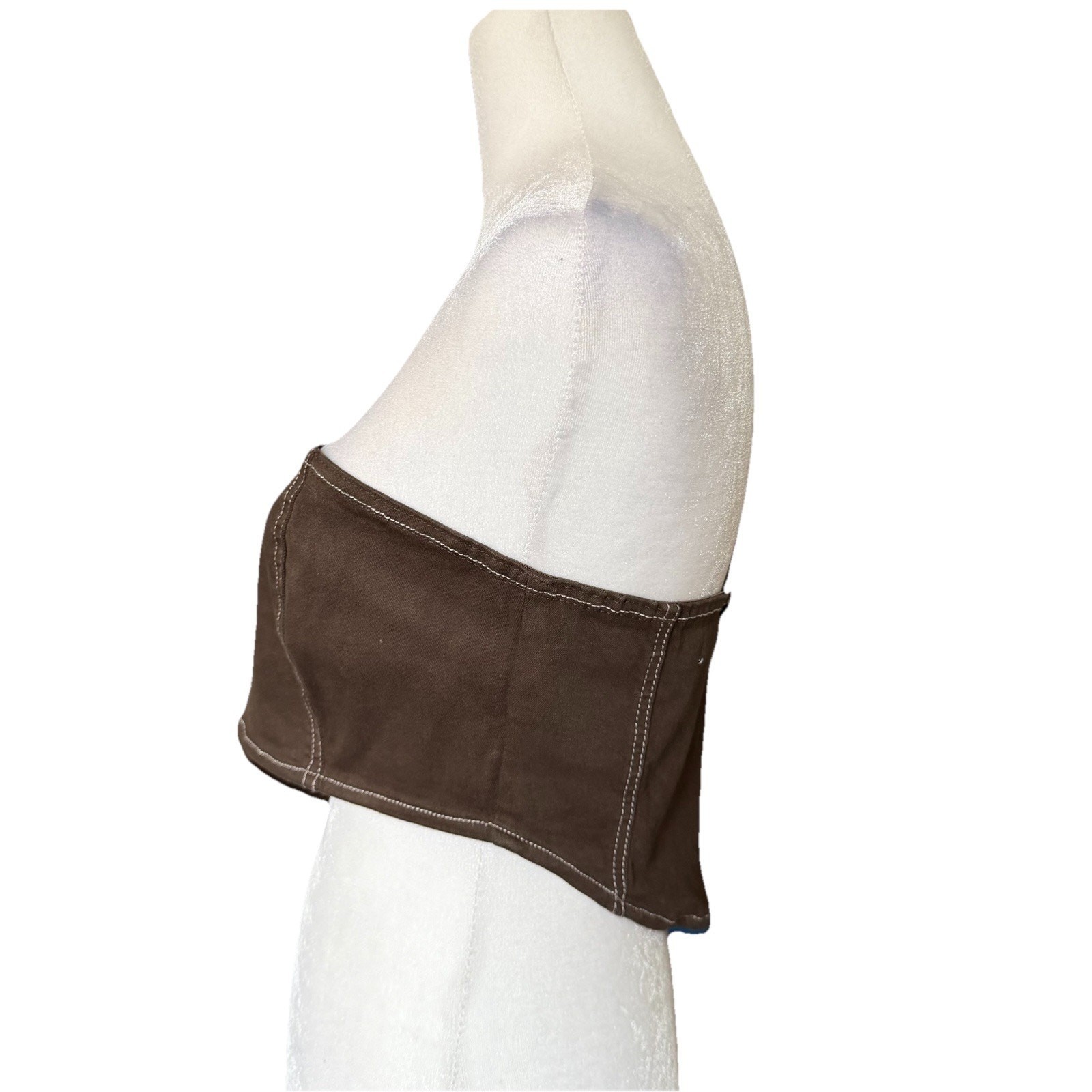 NA-KD Womens Size 38 Contrast Seam Corset Denim Top Dark Brown Cropped Blouse