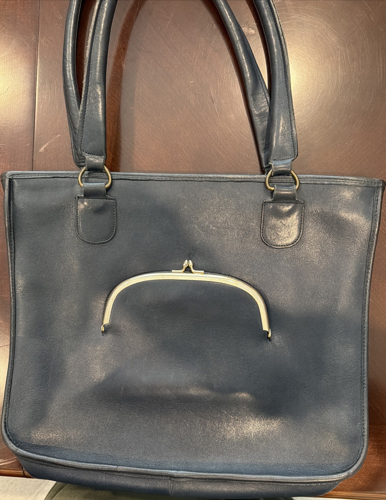 Vintage 1970s Bonnie Cashin-Style Slim Tote Glove Tanned Leather. Navy Blue EUC!