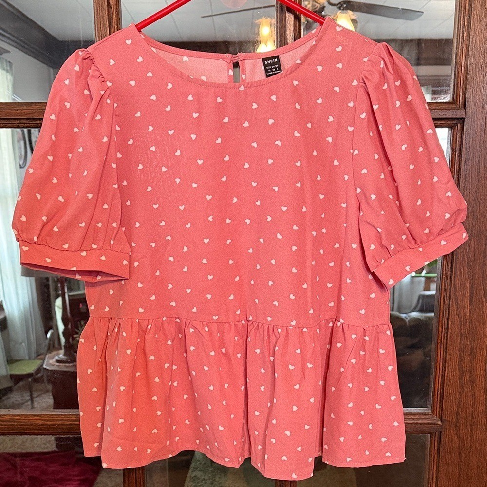 SHEIN Womens Coral Pink White Heart Print Puff Sleeve Peplum Blouse Top Size M