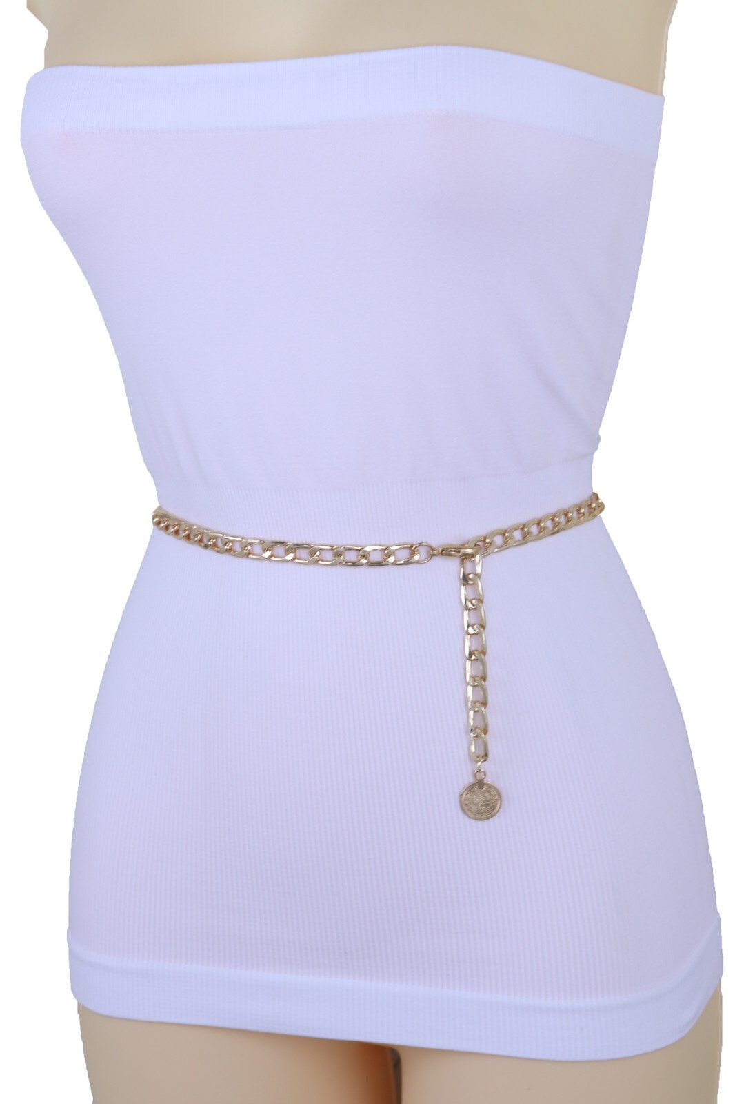 New Women Gold Color Metal Chain Link Thin Fashion Belt Ethnic Coin Charm XS S M