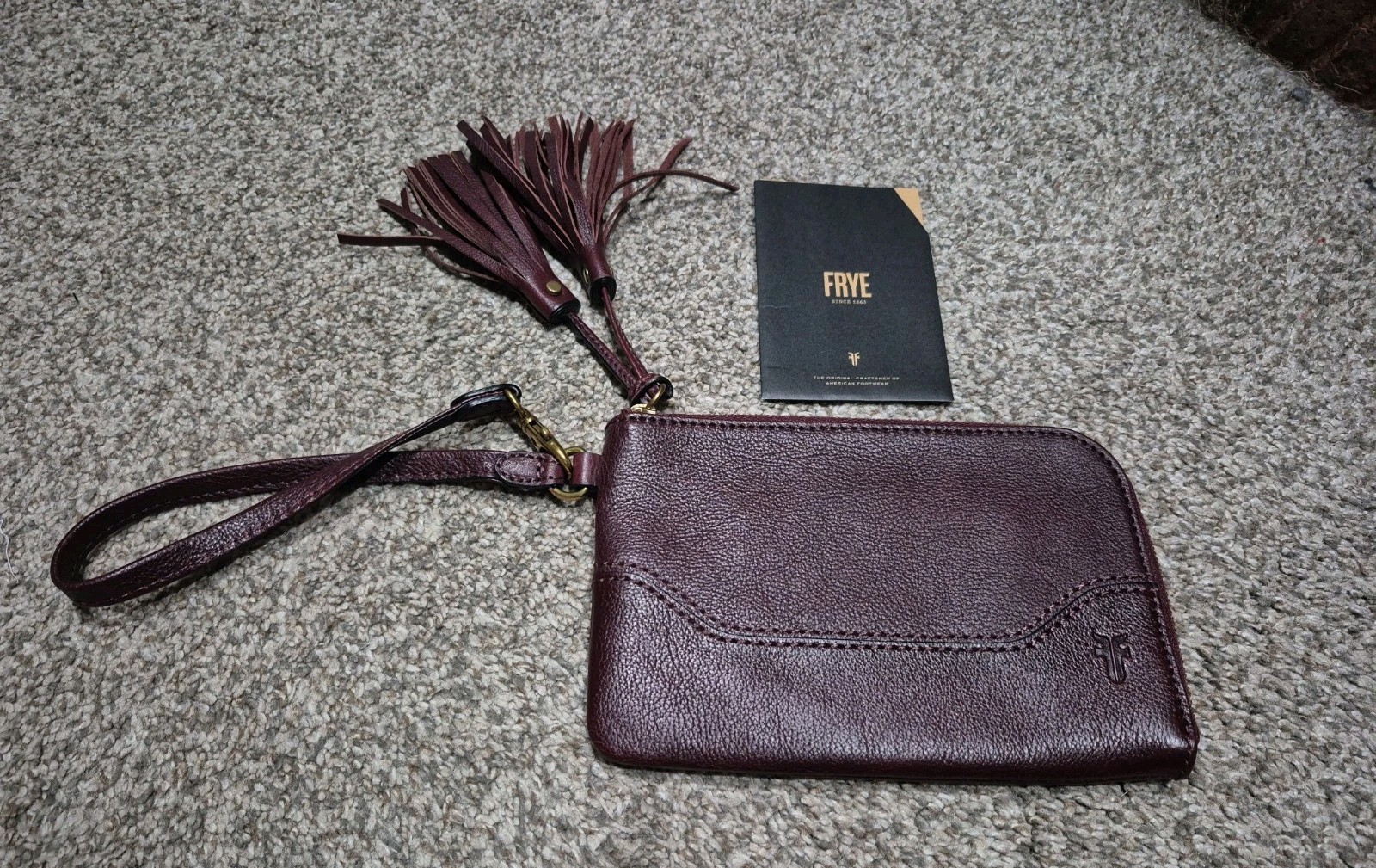 FRYE Paige Wristlet Bordeaux Tassel Accent Zip Closure 3 Inner Card Slots NWT