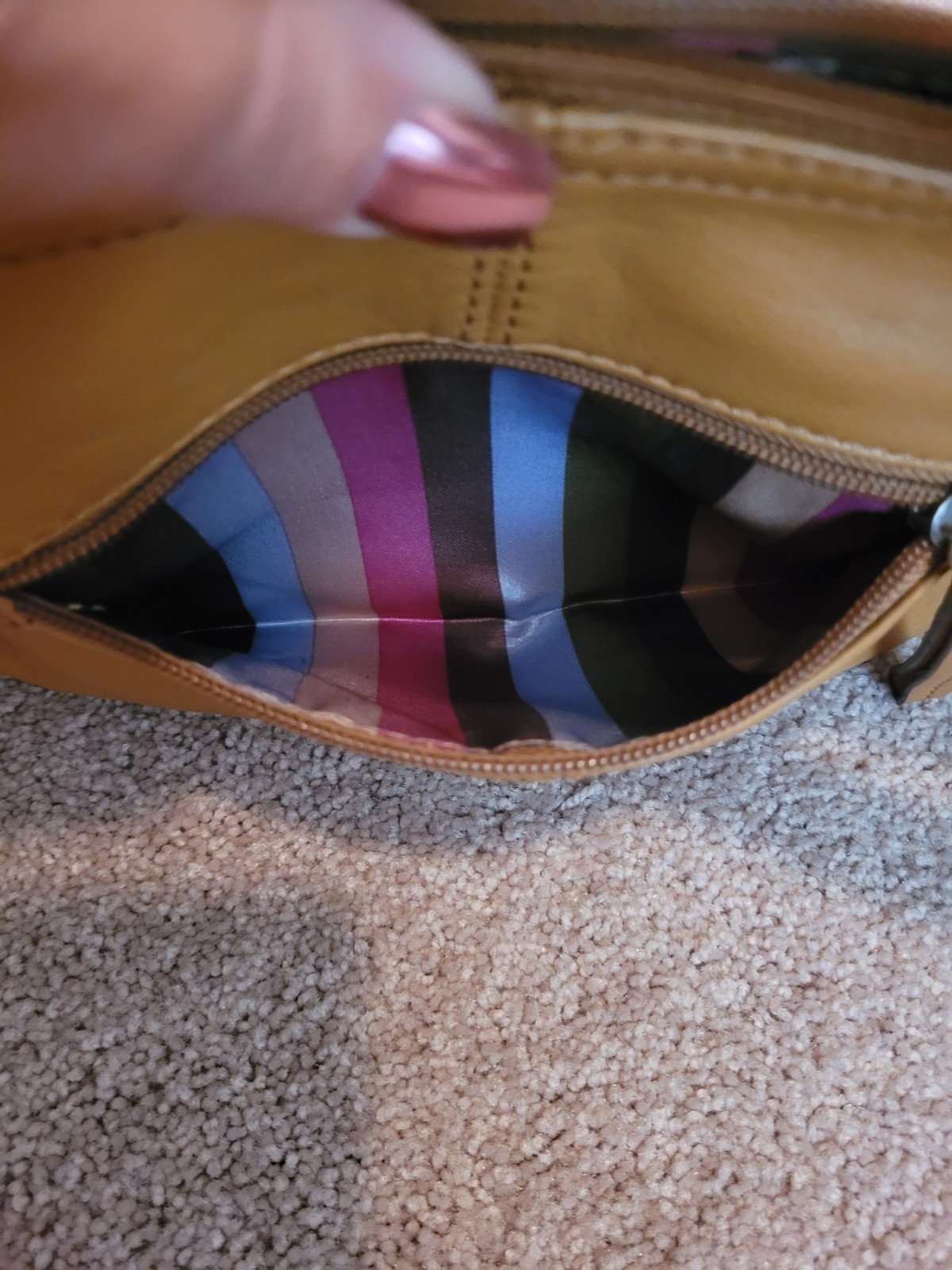 Tignanello Tan Shoulder Bag Striped Multicolor Lined Zip Silver Charm Pockets