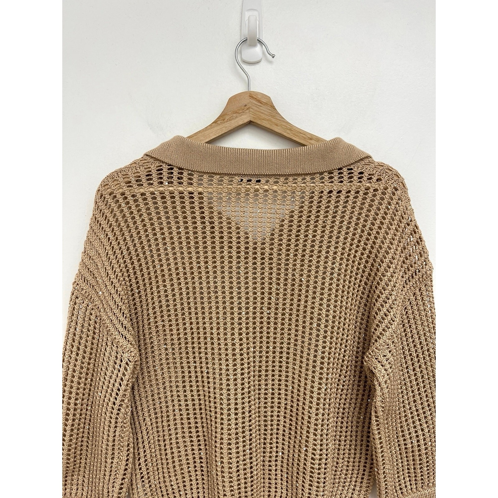 Peserico Ladder Open-Knit Shimmer Sequin Polo Collared Neutral Sweater IT40/US4