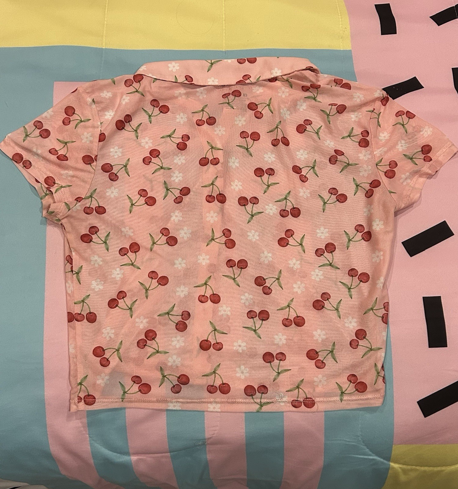 Hazel Moon Women’s M Pink Cherry and Daisy Print Cute Button Up Mesh Shirt