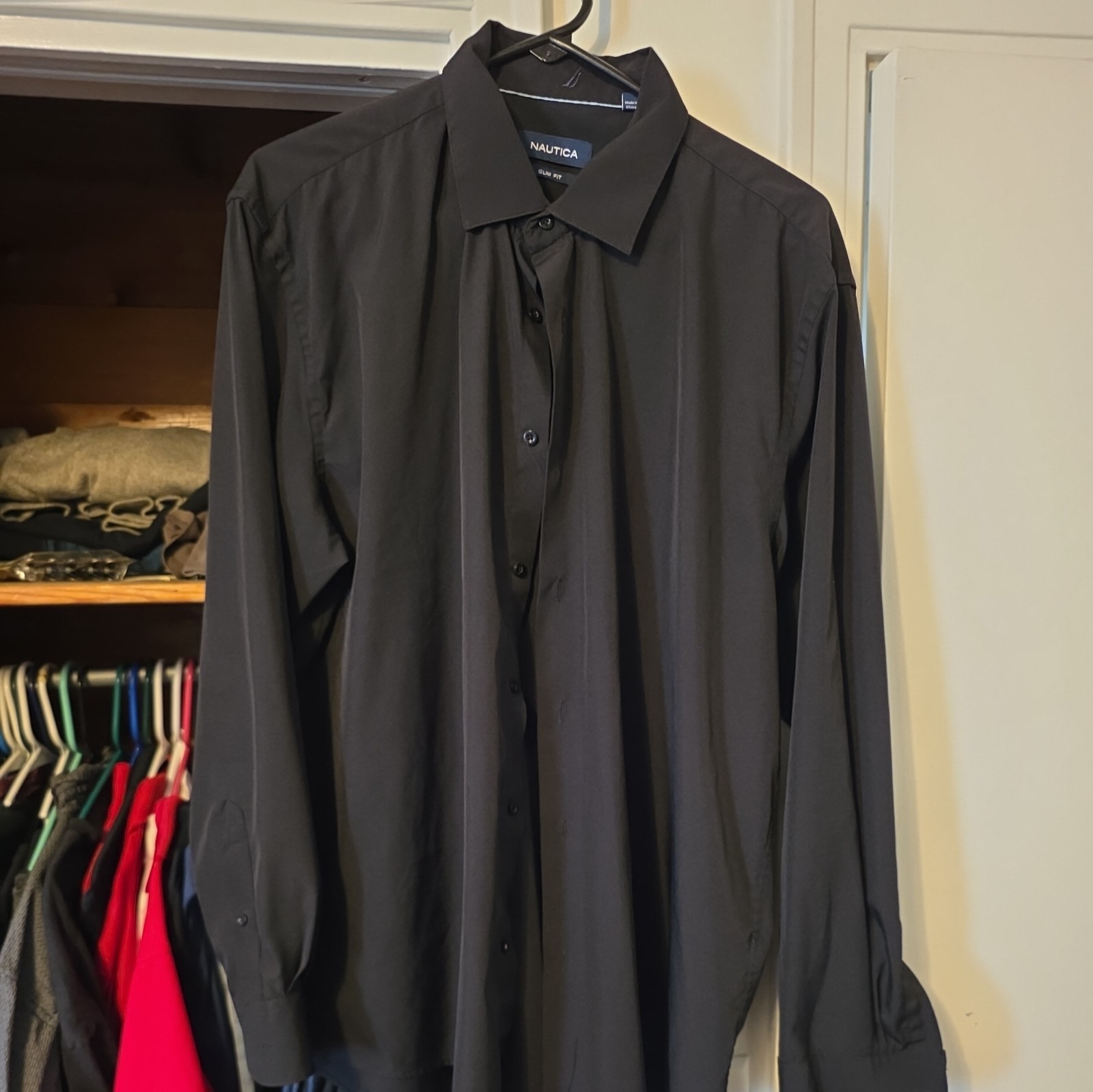 Nautica Slim Fit Black Button Up Dress Shirt XL 17-17.5/34-35