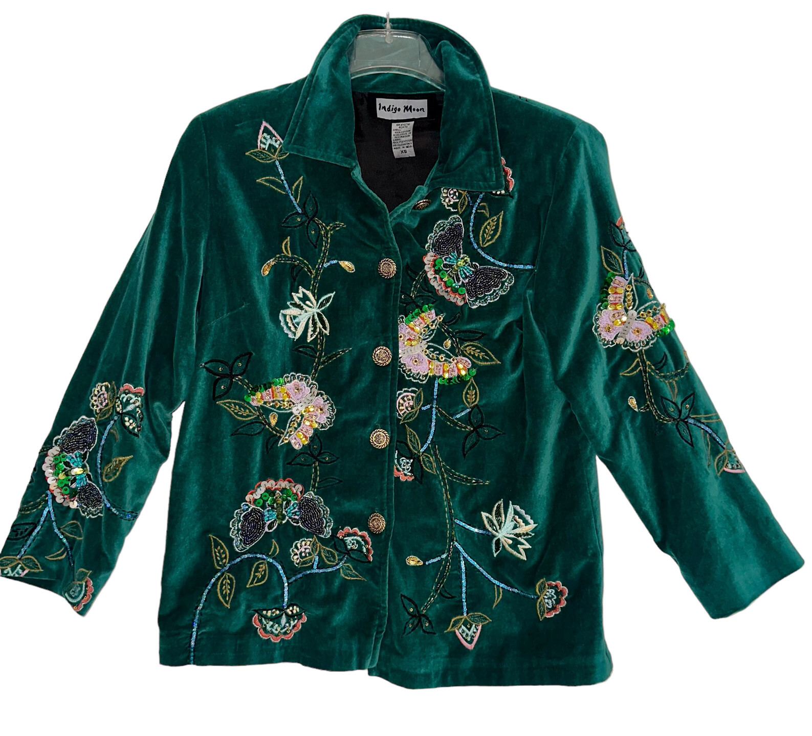 Indigo Moon Jacket Green Velvet Velour Embroidered Sequin Womens Boho Size XS