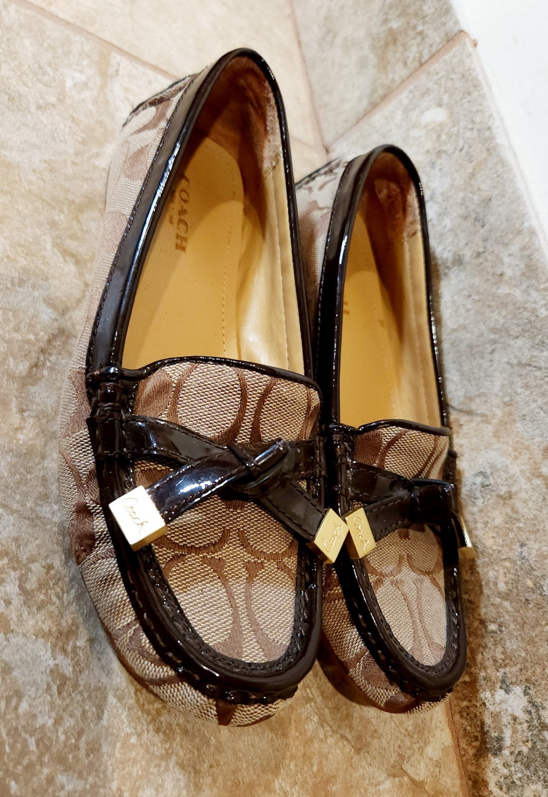 Coach | Women’s 5 B Frida Monogram CC Canvas Brown Leather Driver Loafers EUC ✨️
