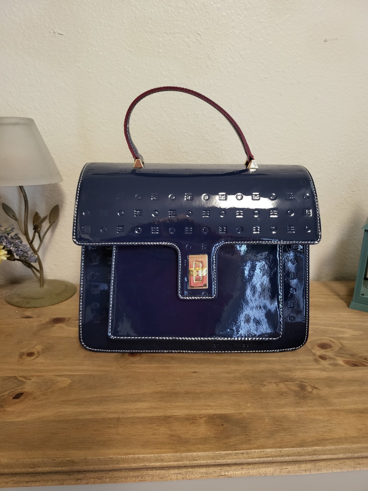 Arcadia Blue Medium Satchel Top Handle Turn Lock Detachable Strap Gold HW