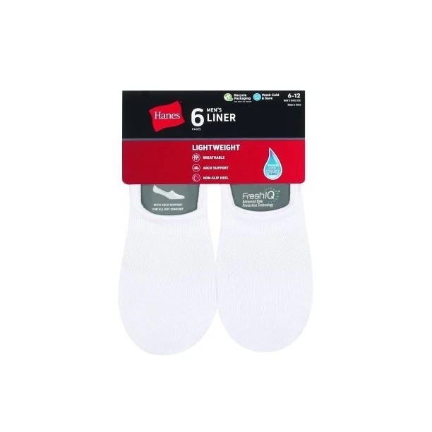 6 Pack Hanes Men’s Lightweight Liner Socks FreshIQ Breathable Non-Slip Heel New