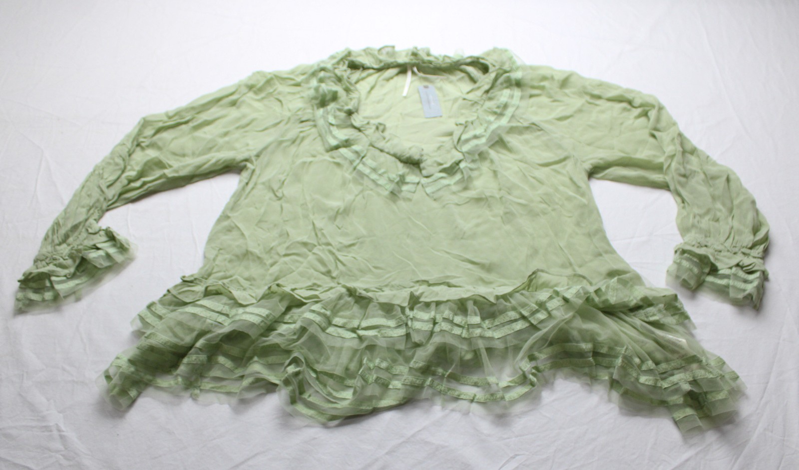 By Anthropologie Women’s Petite Sheer Ruffle Ribbon Blouse MP7 Green Large