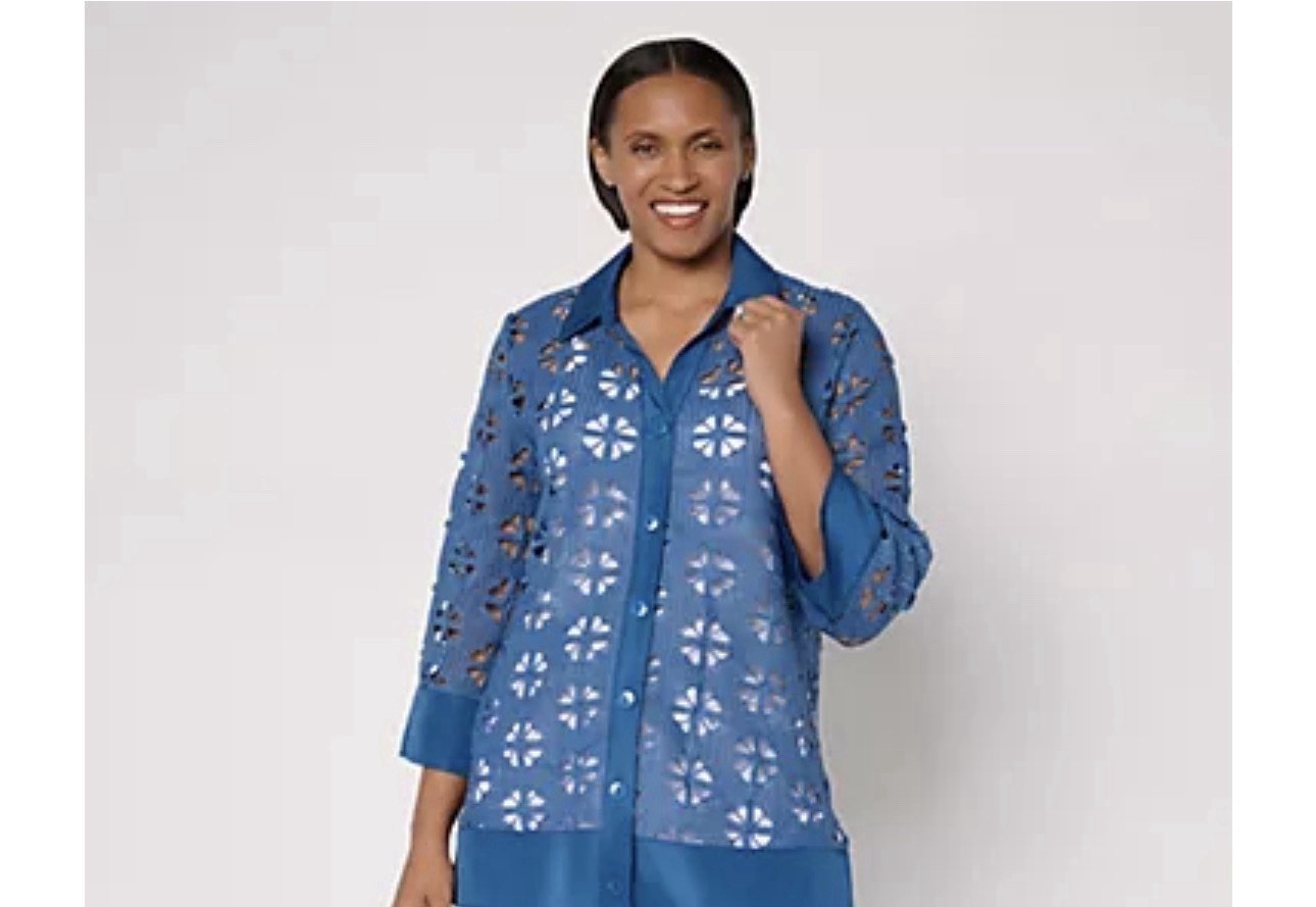 Dennis Basso Women’s Blue Eyelet Button-Front Collared Coatigan 3/4 Sleeve S