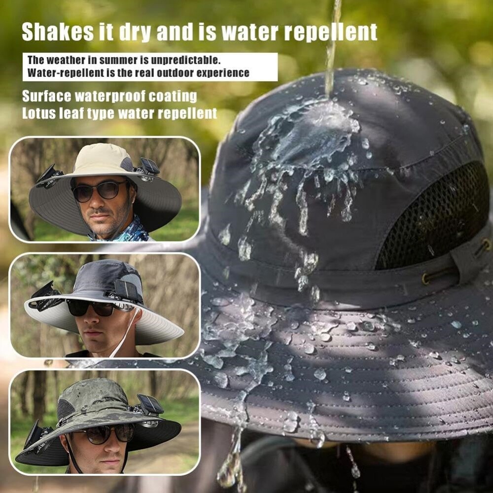 Wide Brim Sun Hat with Solar & USB Fan UPF50+ UV Protection for Fishing & Campin