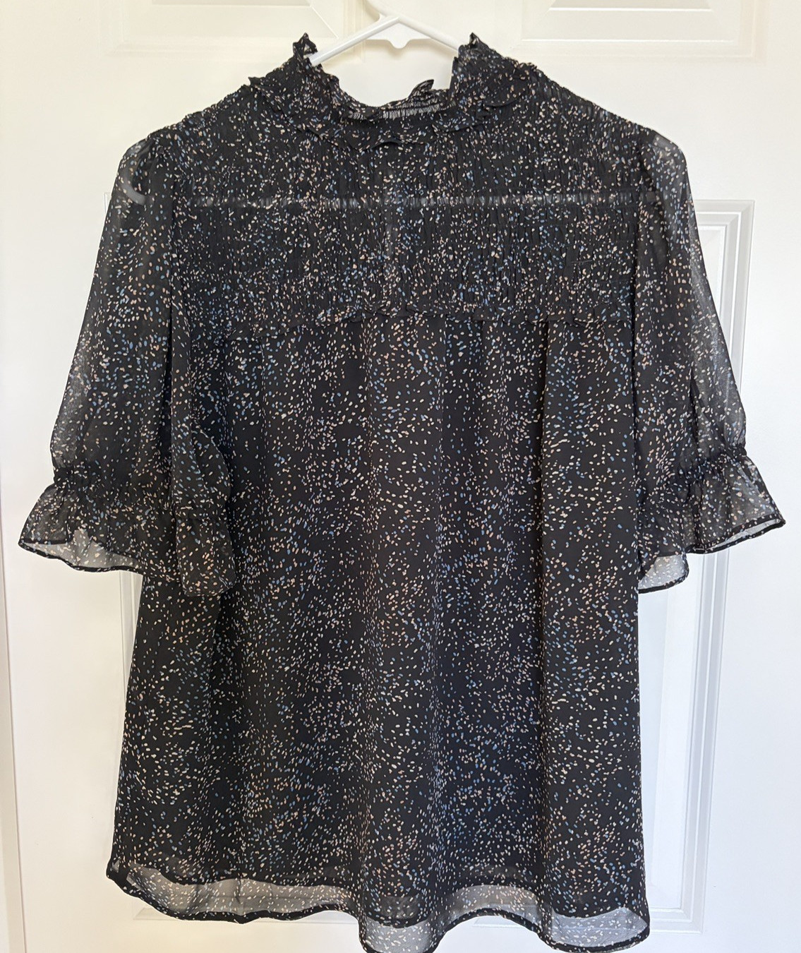 Pleione Women’s Blouse Top Size M Black Floral Print Tie Neck Short Sleeve