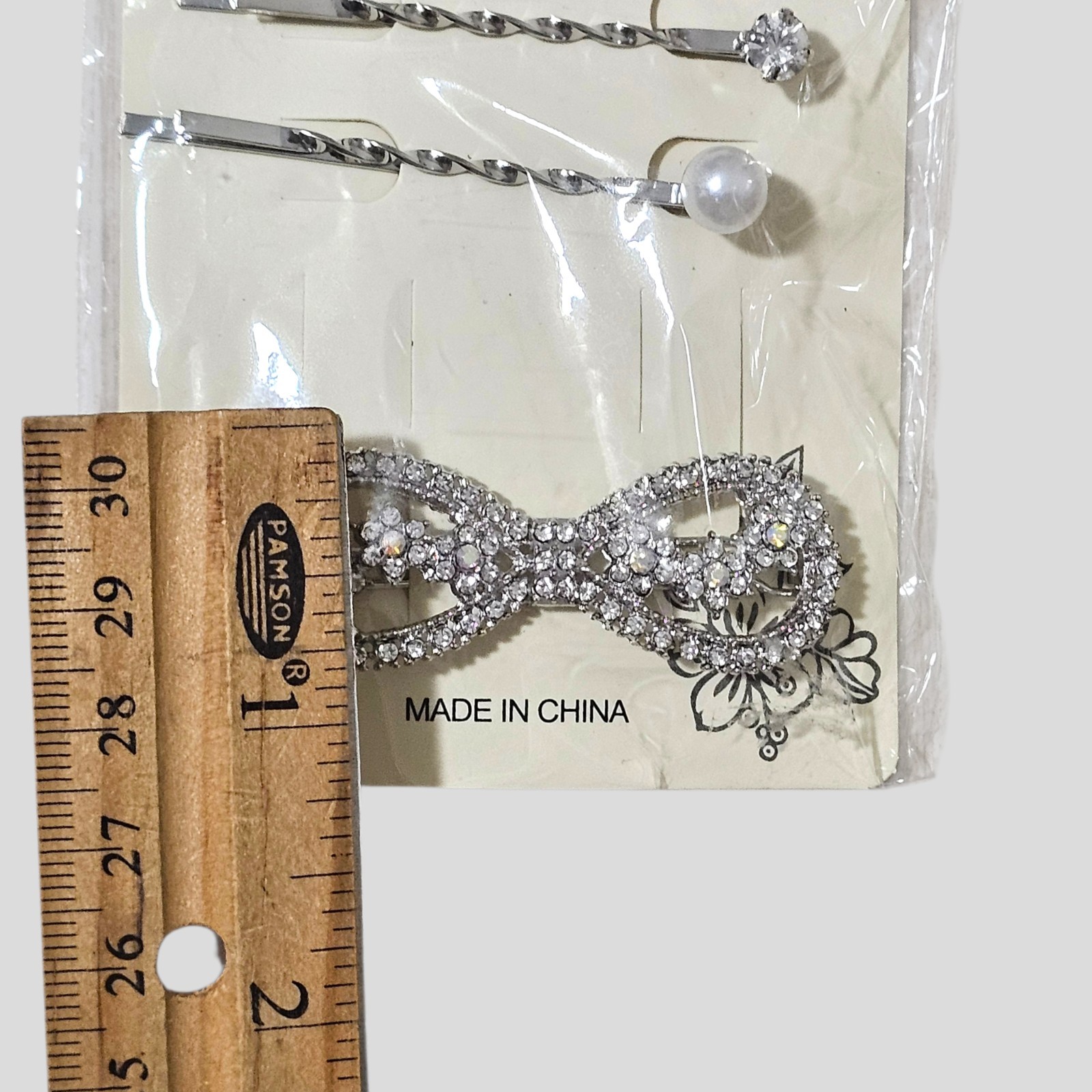 Ellas Rhinestone Bow Hair Clip & Bobby Pin Set Silver Tone Crystal Pearl Bridal
