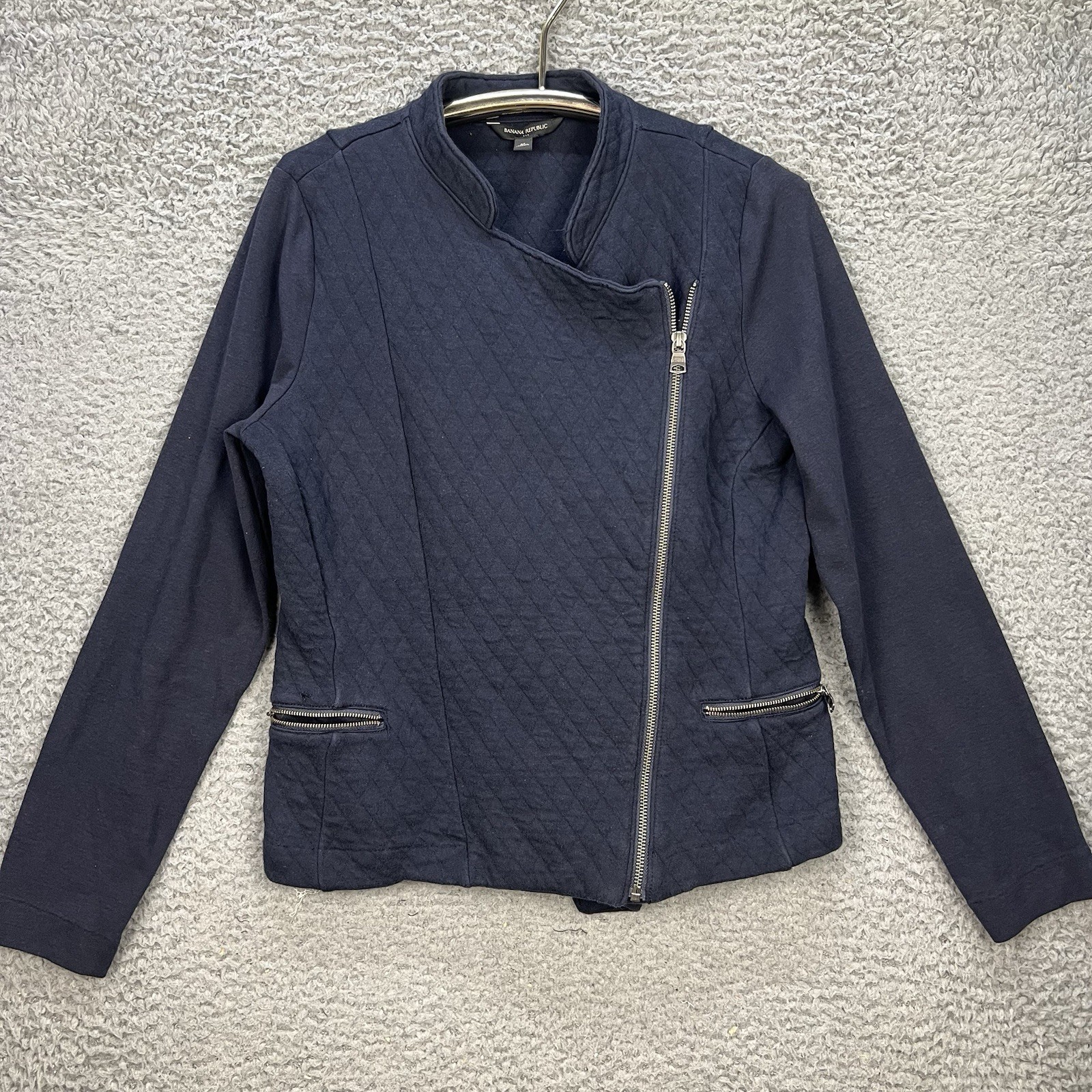 Banana Republic Womens Medium Moto Zip Jacket Asymmetrical Zip Navy Blue Cotton