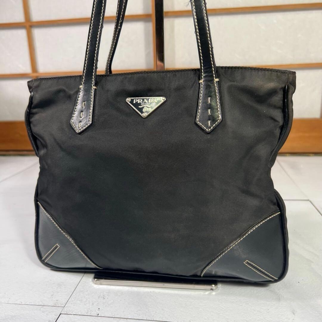 PRADA Black Nylon Leather Triangle Logo Tote Bag Handbag Unisex Silver Hardware