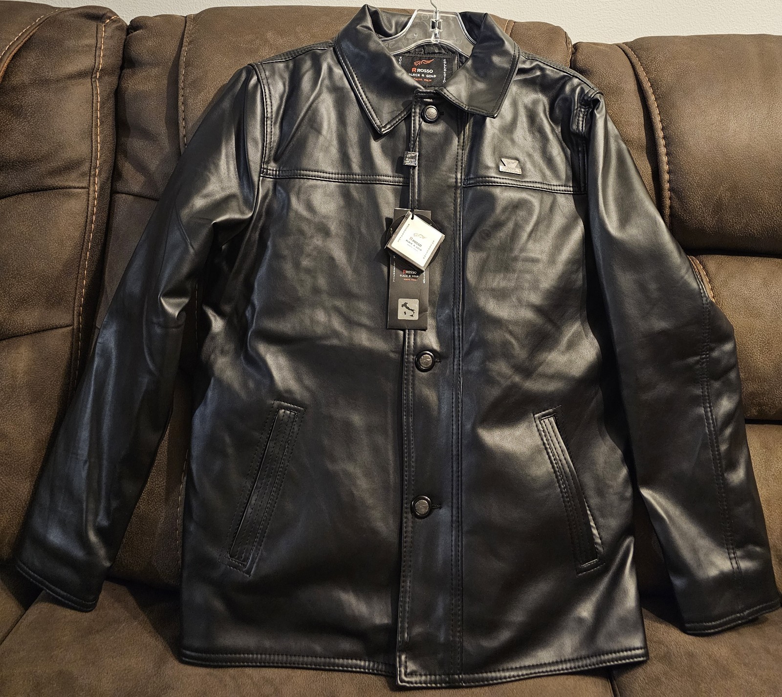 R Rosso Black and Gold Leather Button Up Jacket Men’s Size Medium Made In Italy
