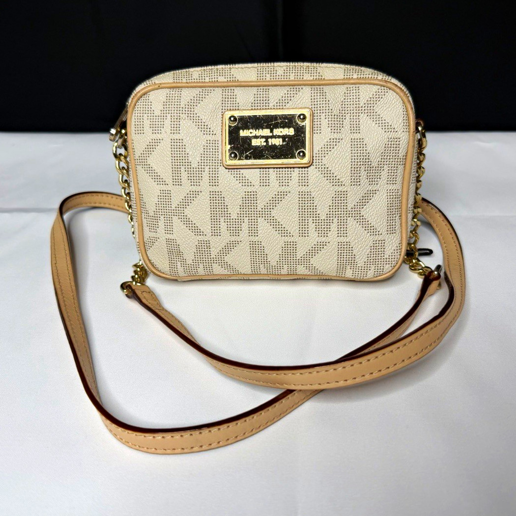 Michael Kors Logo Monogram Small Crossbody Bag Beige Zip Detachable Strap vintag