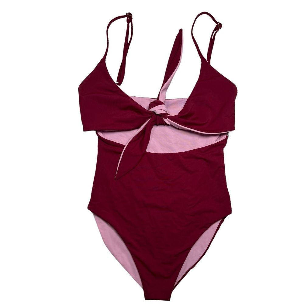 NWT FLEURSWIM Wine Red / Light Pink One Piece Square Neck Tie-Back Size: Small