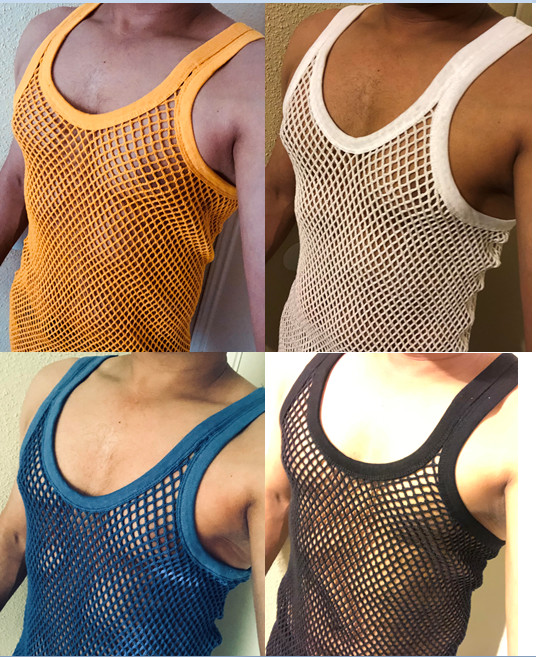 Men Vest Tank Top Hot Cotton Mesh Reggae See Through Fishnet Casual Fitting