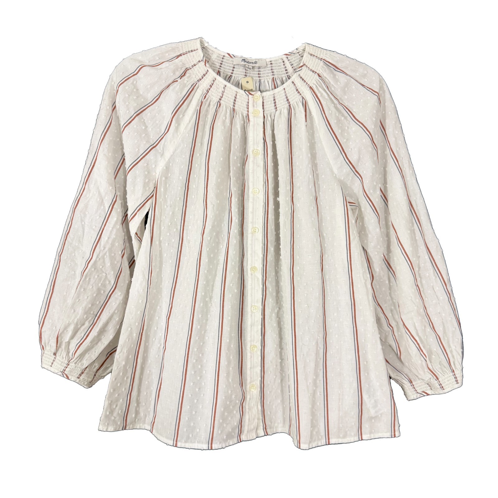 MADEWELL Smocked-Neck Raglan Top in Clipdot Stripe S Rust Red Button Up NWT B76
