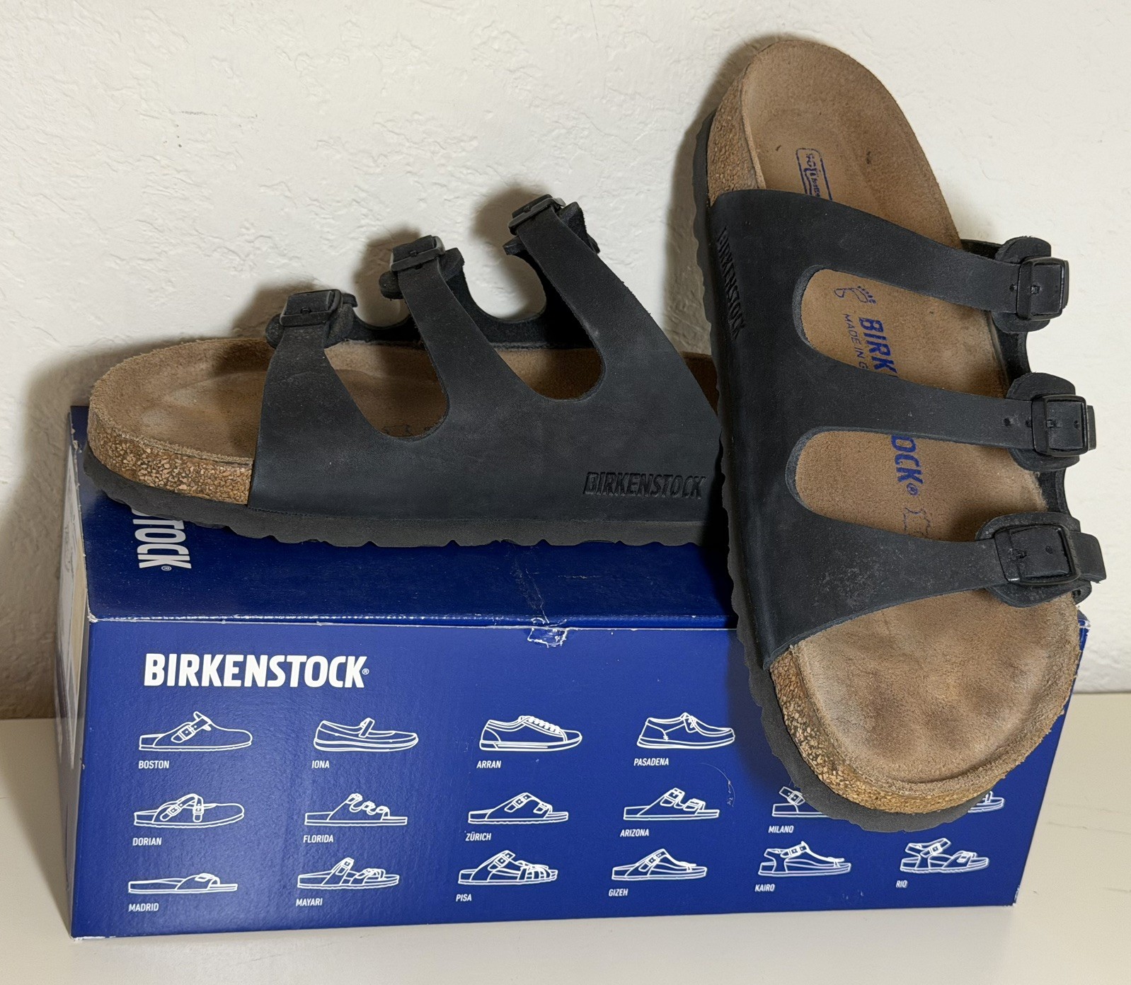 Birkenstock Florida Black Leather Sandals EU 39 Soft Regular Fit READ EXCELLENT