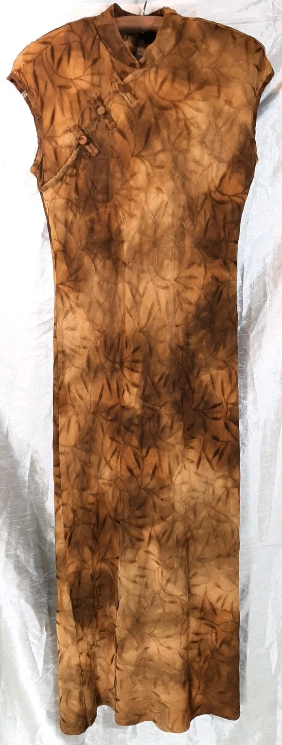 VTG Michael Blair Dress Sz14 Oriental Asian Kimono Dress Leaf Embroidery Brown