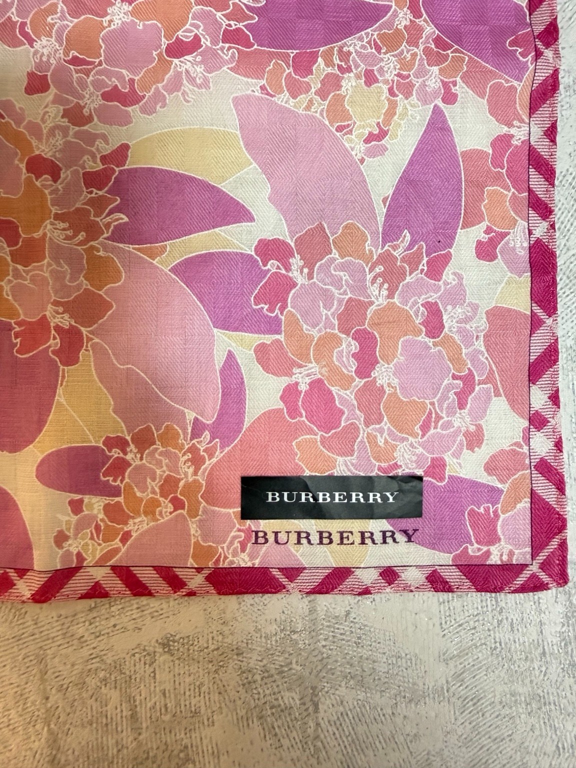 Burberry Handkerchief Floral Pink Nova Check Cotton Japan VTG 19.7in