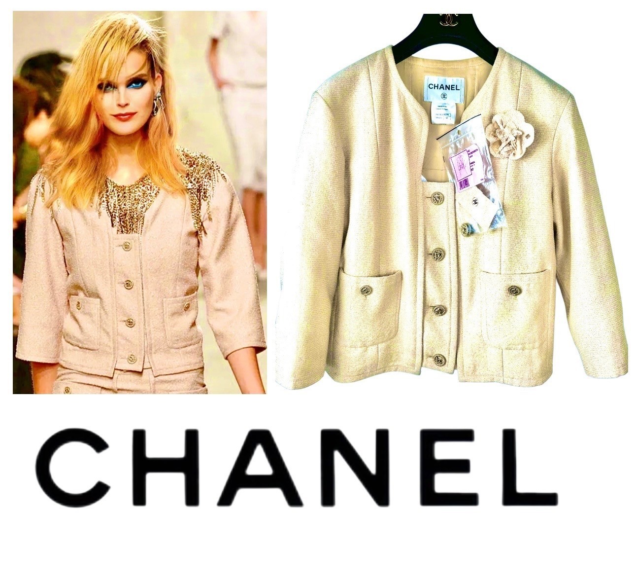 Chanel 2014 White Beige Gold Tweed Jacket 38 40 42 6 8 10 Coat Camellia Logo M L