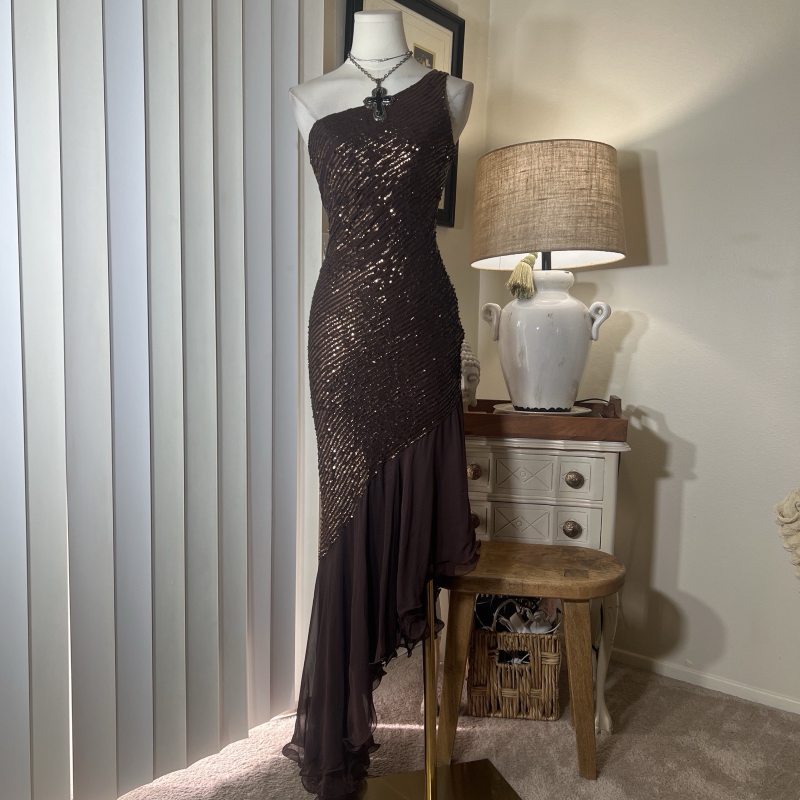 Vintage Cache Sequin Asymmetrical Bodycon One Strap Party Evening Wedding Dress