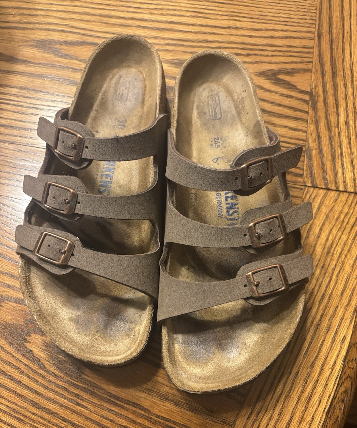 Birkenstock Florida Brown Suede 3-Strap Buckle Slide Sandals US 8