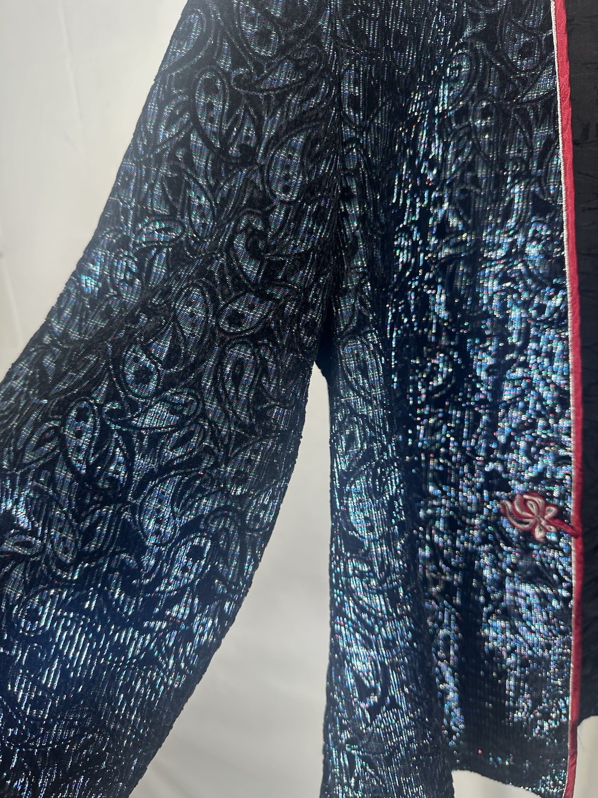 Antonio Blue Black Floral Short Jacket Lined Hook & Eye 3/4 Sleeve Women Size M