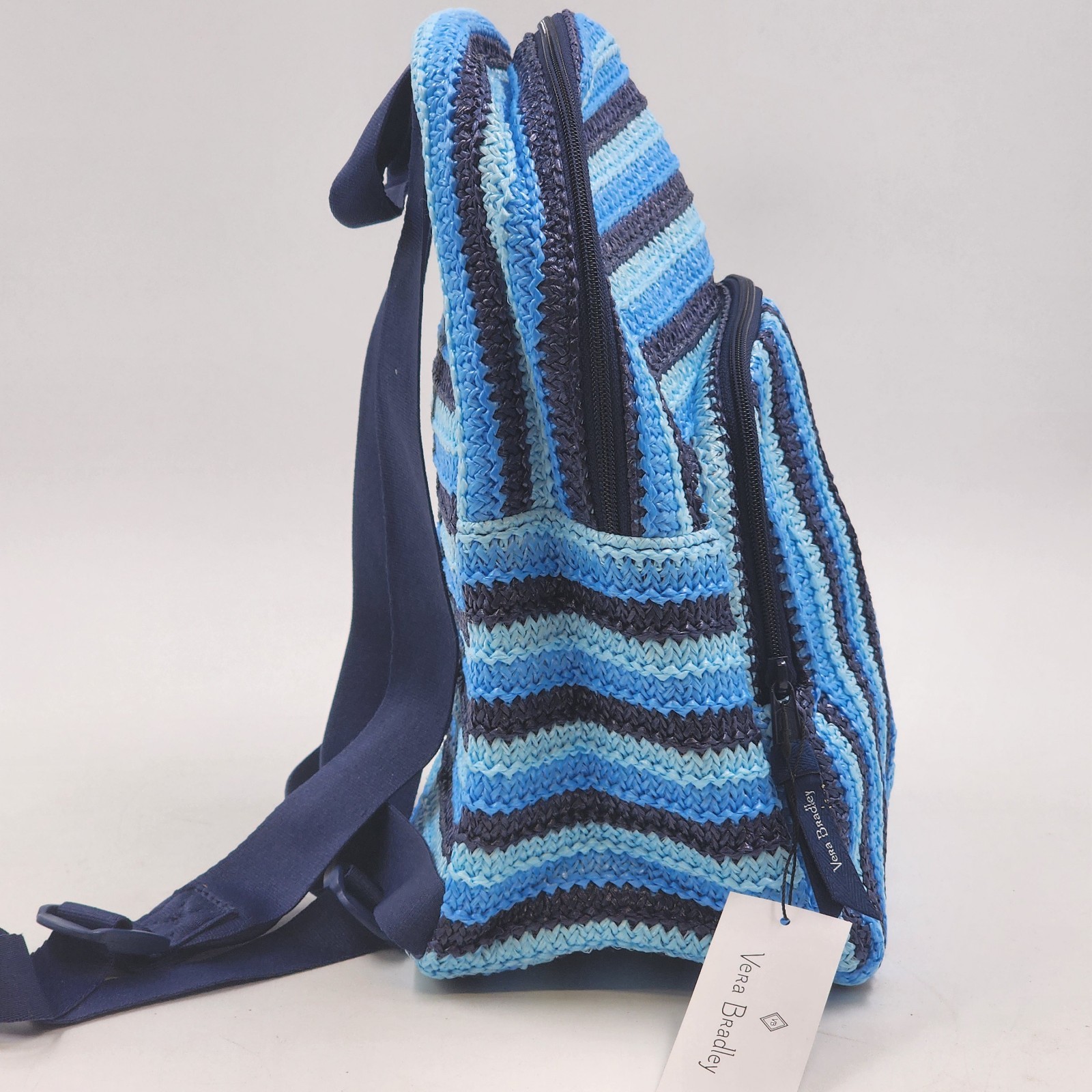 Vera Bradley Crochet Backpack Woven NWT Light Blue Navy Straps 12.75” x 10.5