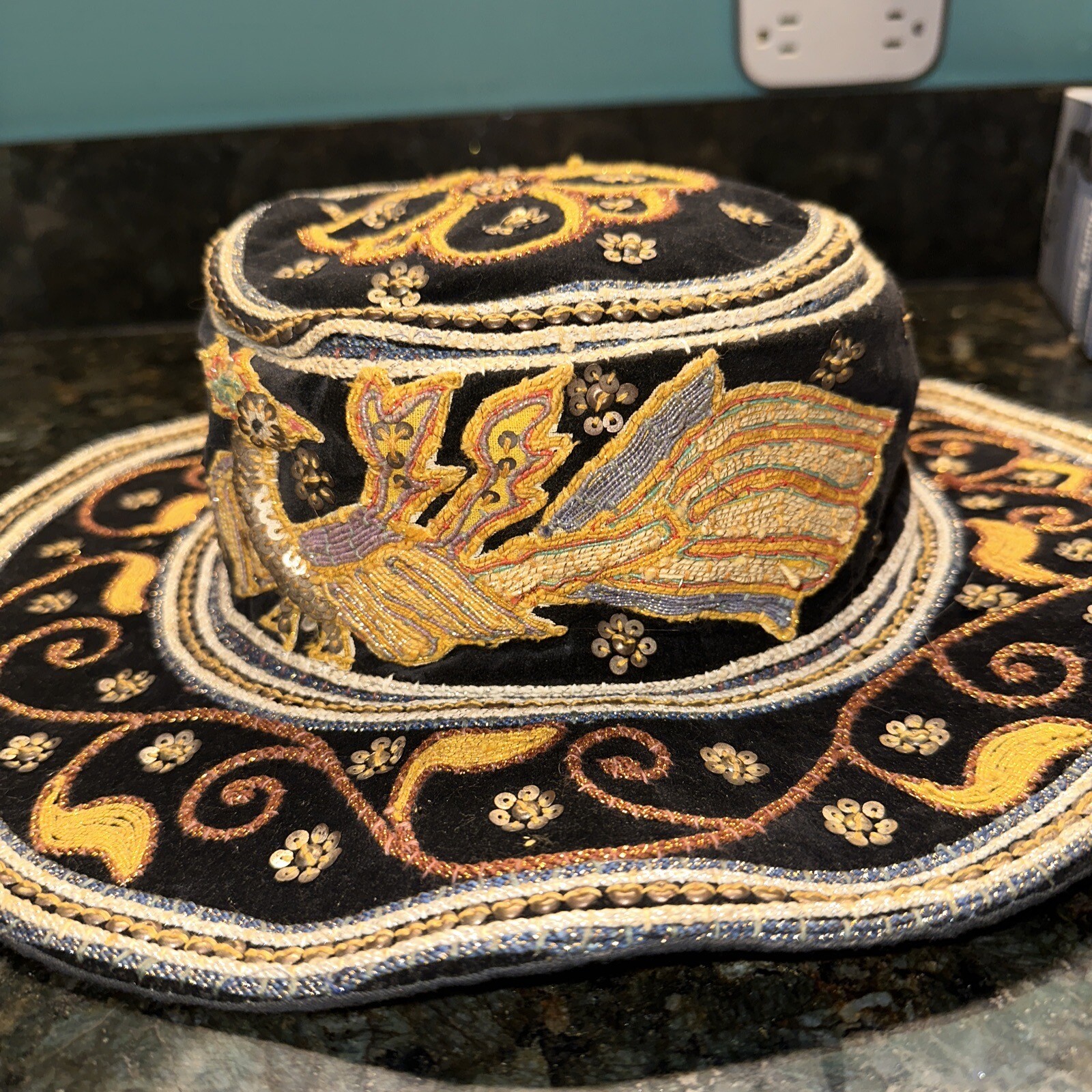 Vintage Myanmar Burmese Burma Kalaga Floppy Boho Hat Phoenix Sequins Embroidery