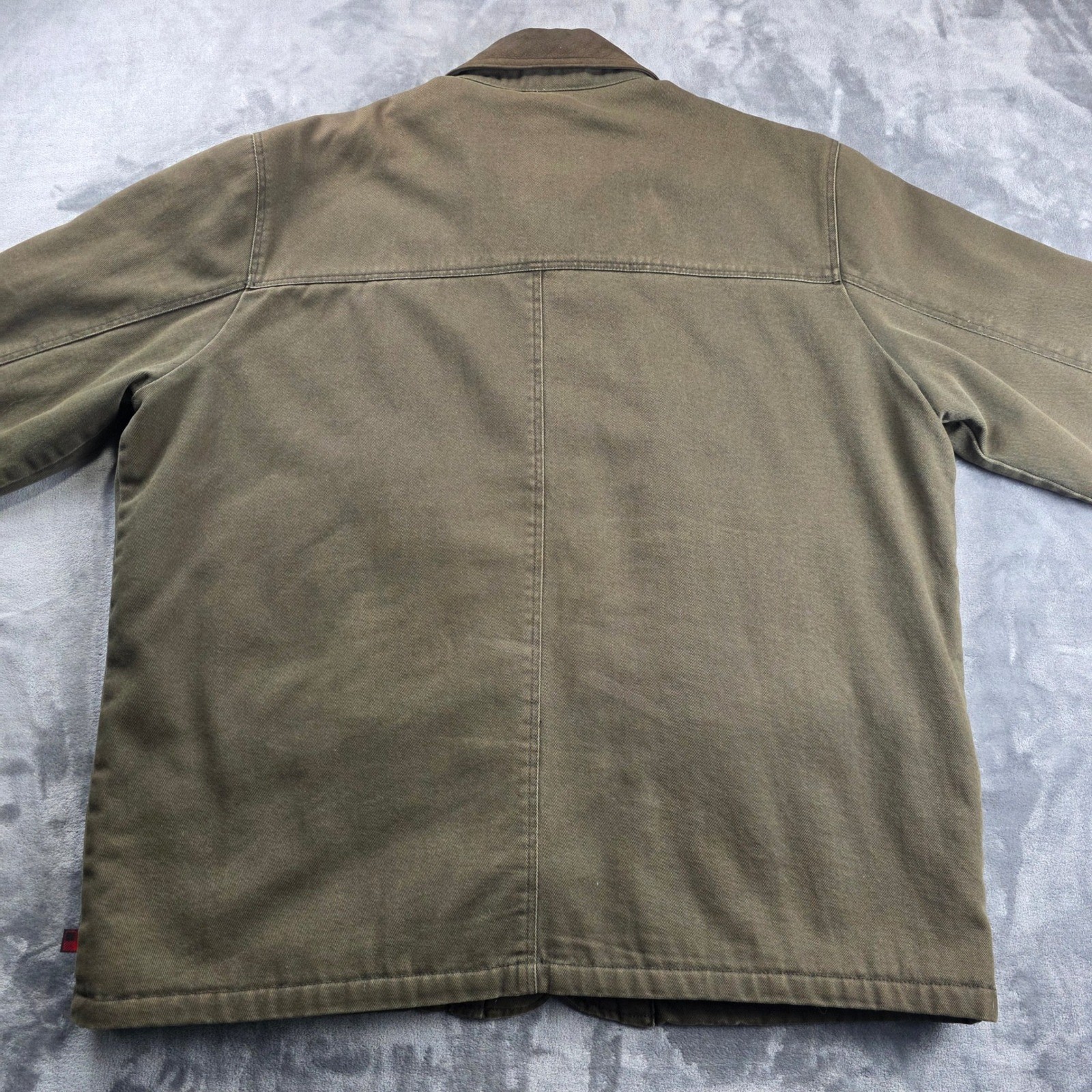 Woolrich Field Jacket Mens 2XL Olive Canvas Barn Chore Fleece Lined Leather Trim